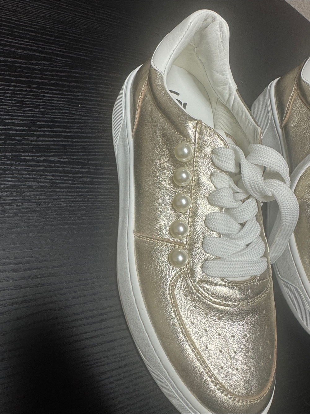 Stuart Weitzman Metallic Gold Sneakers with Pearl Eyelets - Picture 3 of 5